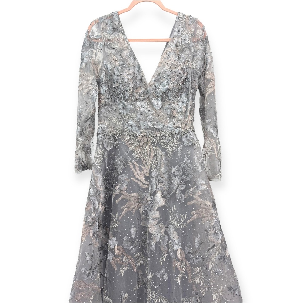Mac Duggal NEW Gray Long Sleeve Beaded Applique Embroidered Gown $798 - Size 10‎ - Picture 4 of 14